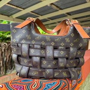 Brown Woven‎ Monogram Tote Bag Faux Leather Satchel Bag